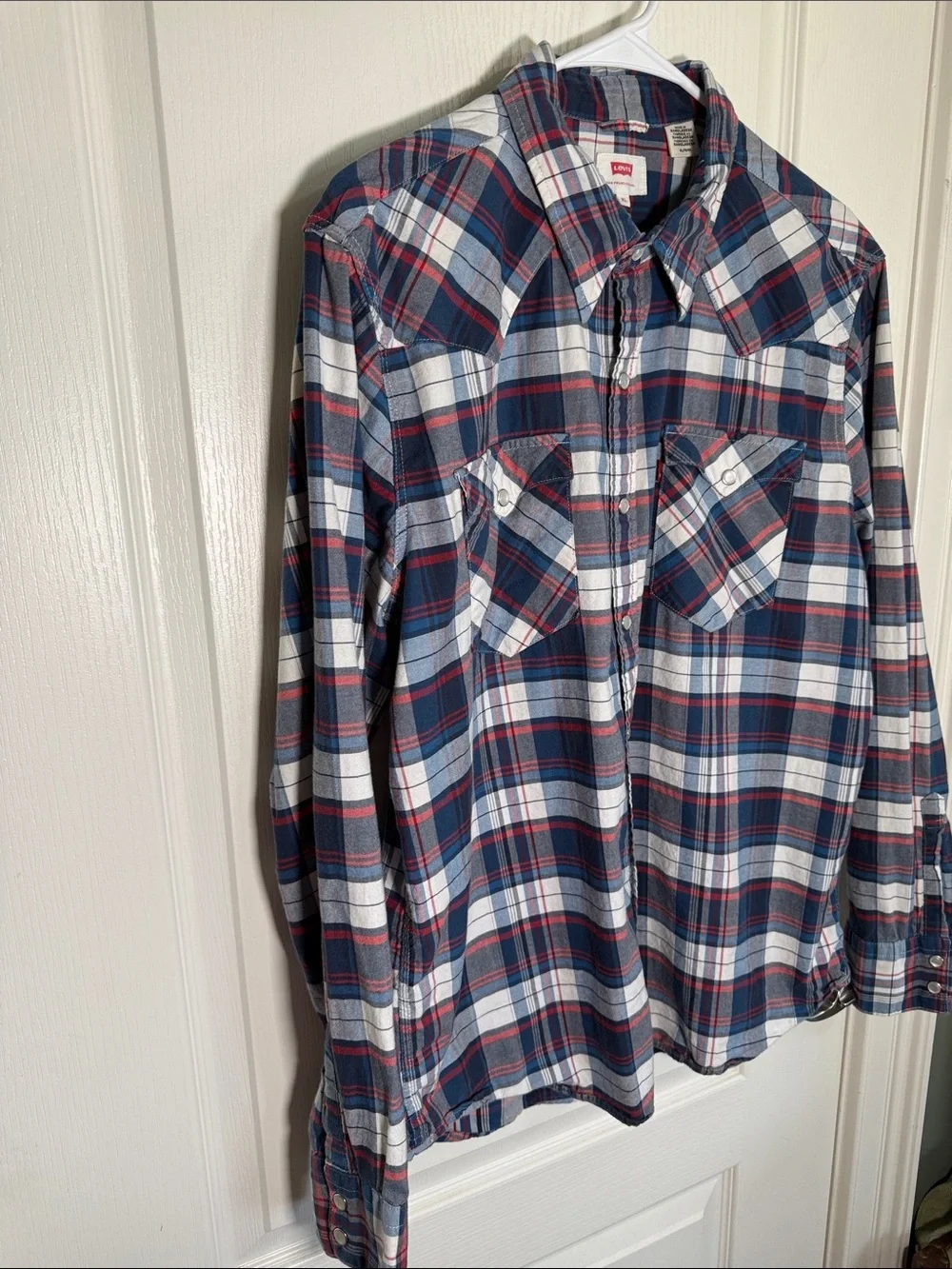 Levi’s Plaid Western Snap Button Shirt XL Red Blue White Brush popper style